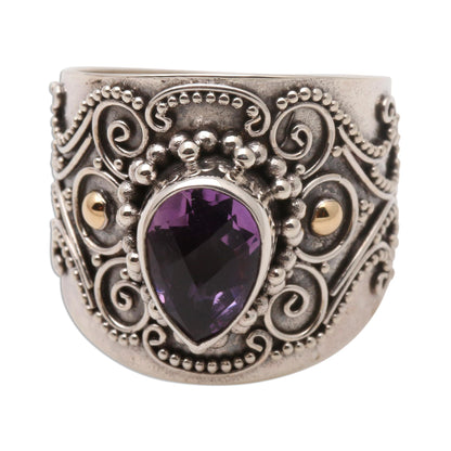 Checkerboard Teardrop Ornate Balinese Silver and Amethyst Ring with Gold Accents