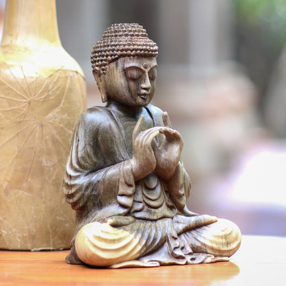 Perfect Enlightenment Hand Carved Buddha Hibiscus Wood Sculpture