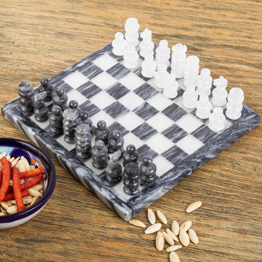 White and Ash Mexican White Onyx and Charcoal Grey Marble Mini Chess Set