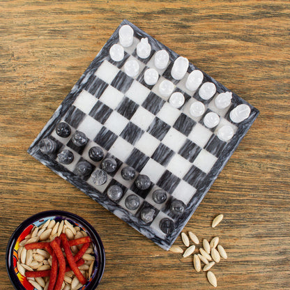 White and Ash Mexican White Onyx and Charcoal Grey Marble Mini Chess Set