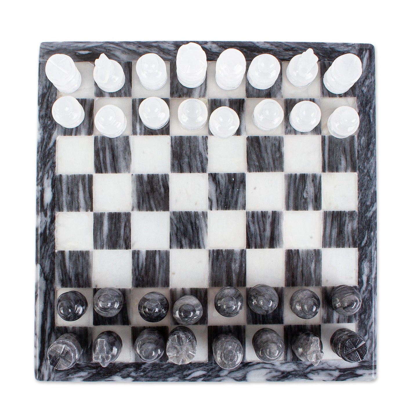 White and Ash Mexican White Onyx and Charcoal Grey Marble Mini Chess Set