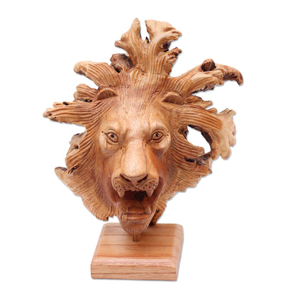 Emerging Lion Benalu Wood Lion Sculpture on Stand