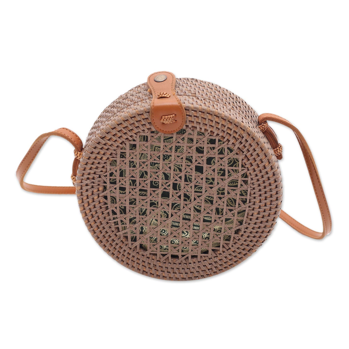 Brown Trellis Round Woven Bamboo Shoulder Bag in Brown