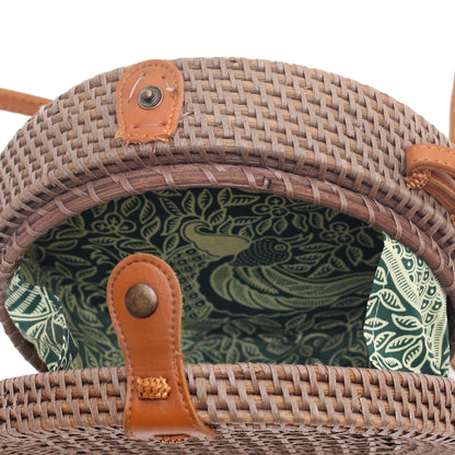 Brown Trellis Round Woven Bamboo Shoulder Bag in Brown