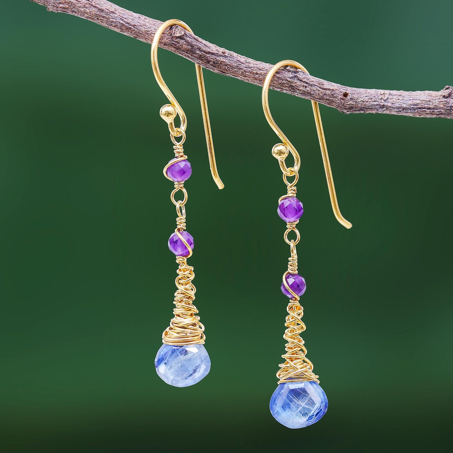 Ocean Tears 24 Gold Plated Kyanite and Amethyst Earrings
