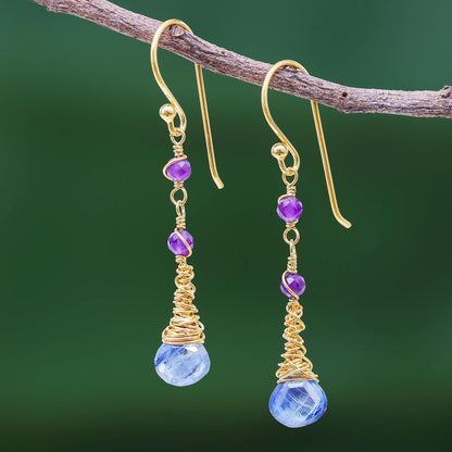 Ocean Tears 24 Gold Plated Kyanite and Amethyst Earrings