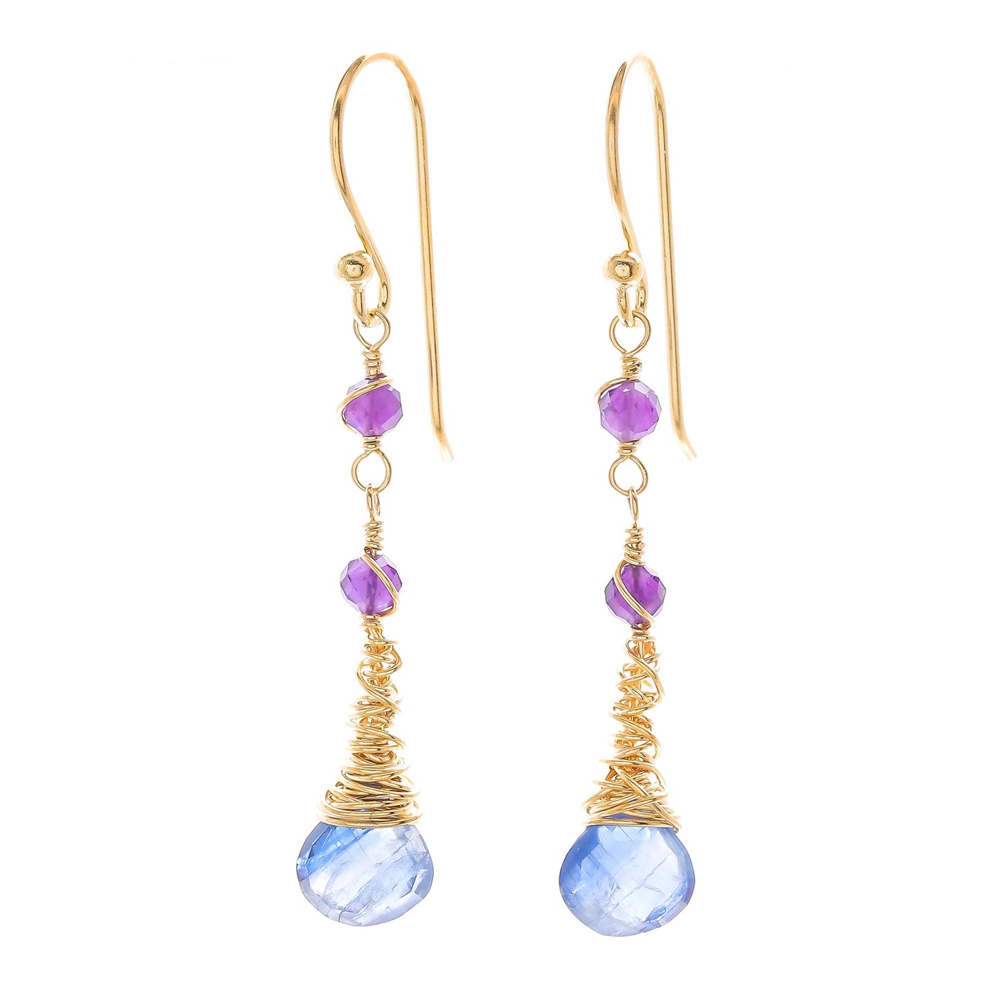 Ocean Tears 24 Gold Plated Kyanite and Amethyst Earrings