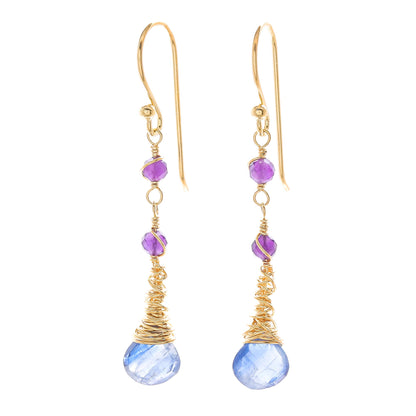 Ocean Tears 24 Gold Plated Kyanite and Amethyst Earrings