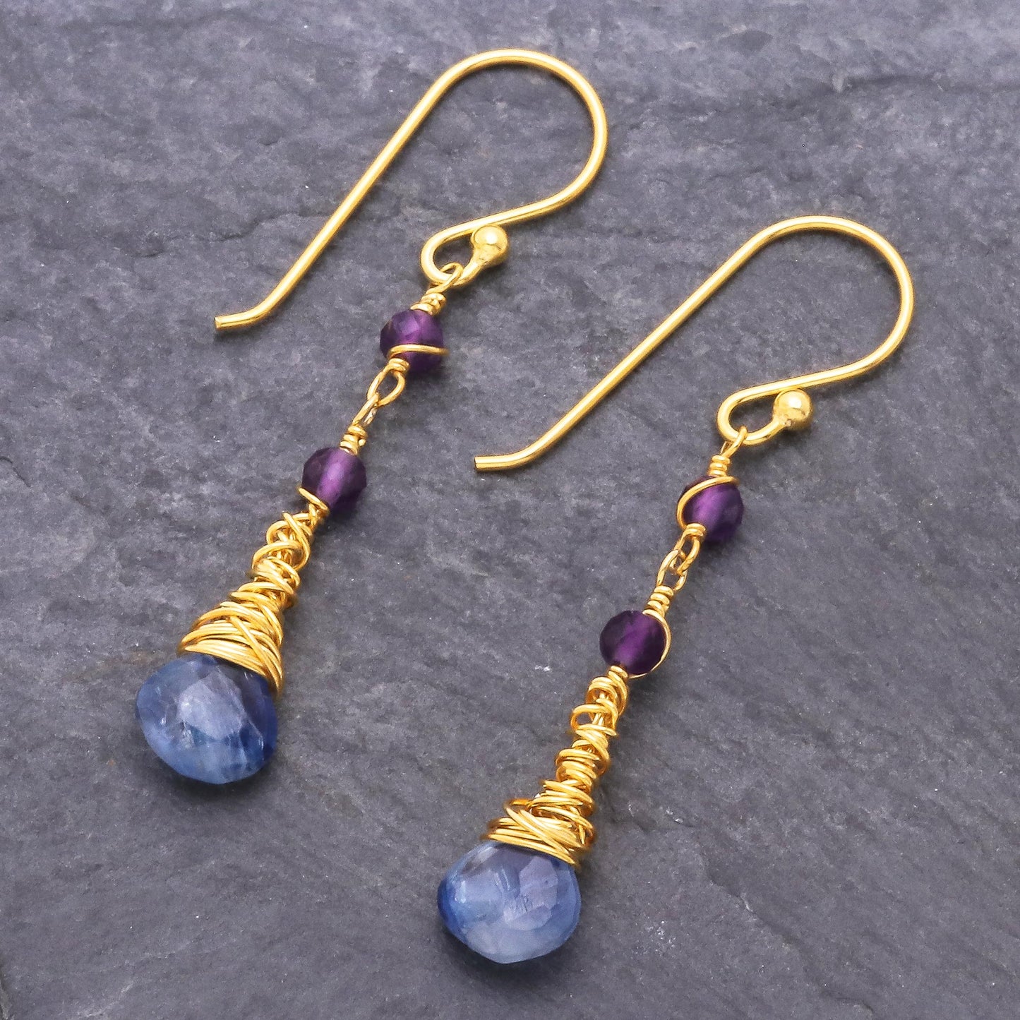 Ocean Tears 24 Gold Plated Kyanite and Amethyst Earrings