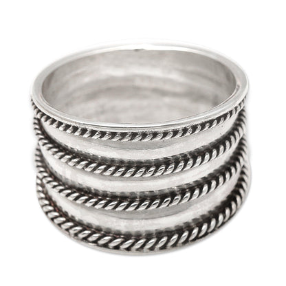 Between the Lines Rope Motif Wide Sterling Silver Band RIng