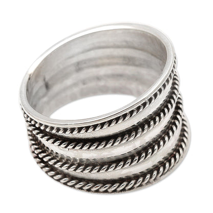 Between the Lines Rope Motif Wide Sterling Silver Band RIng