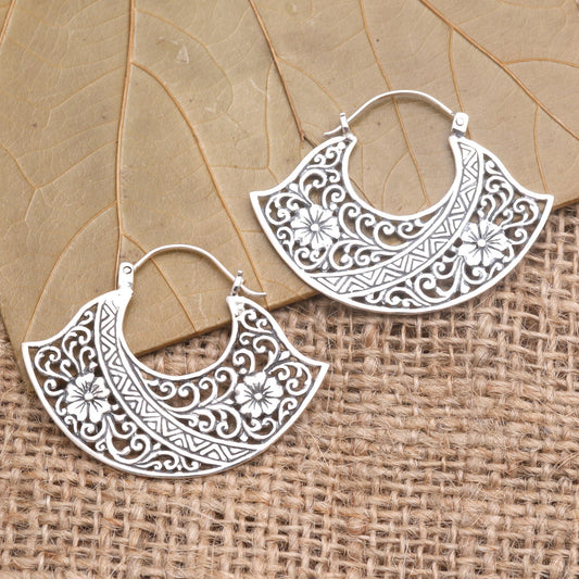 Cape of Flowers Sterling Silver Floral Hoop Earrings from Bali