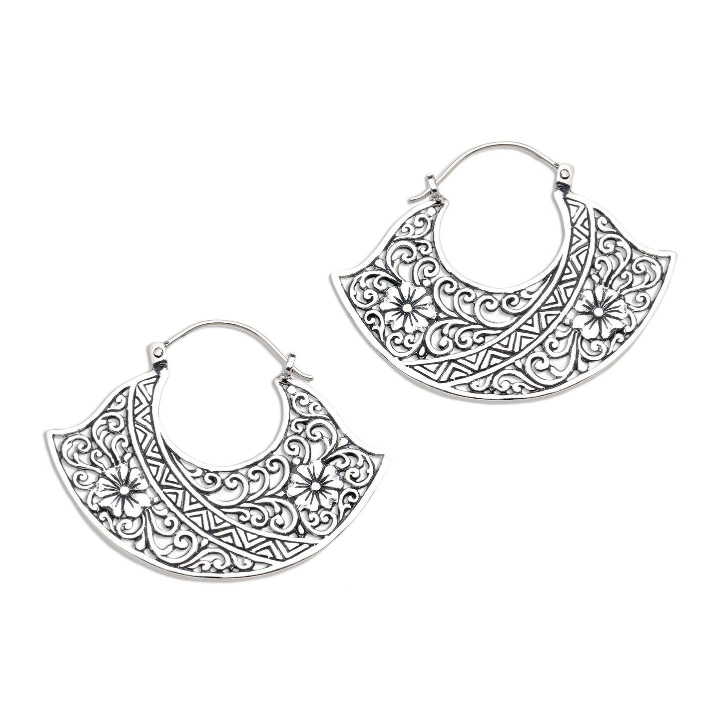 Cape of Flowers Sterling Silver Floral Hoop Earrings from Bali