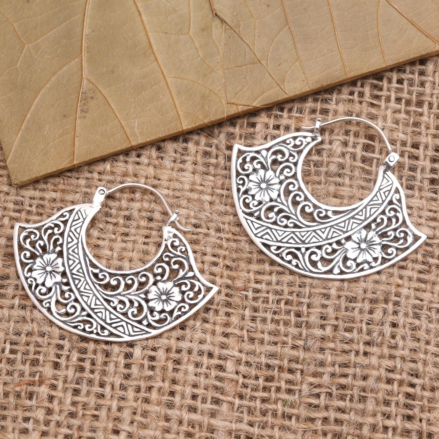 Cape of Flowers Sterling Silver Floral Hoop Earrings from Bali