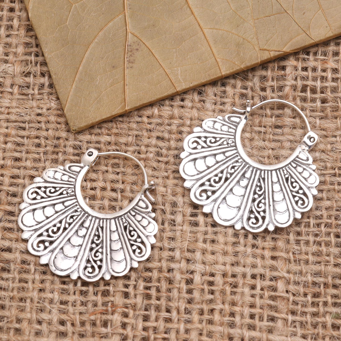 Sukawati Fans Fan-Shaped Sterling Silver Hoop Earrings