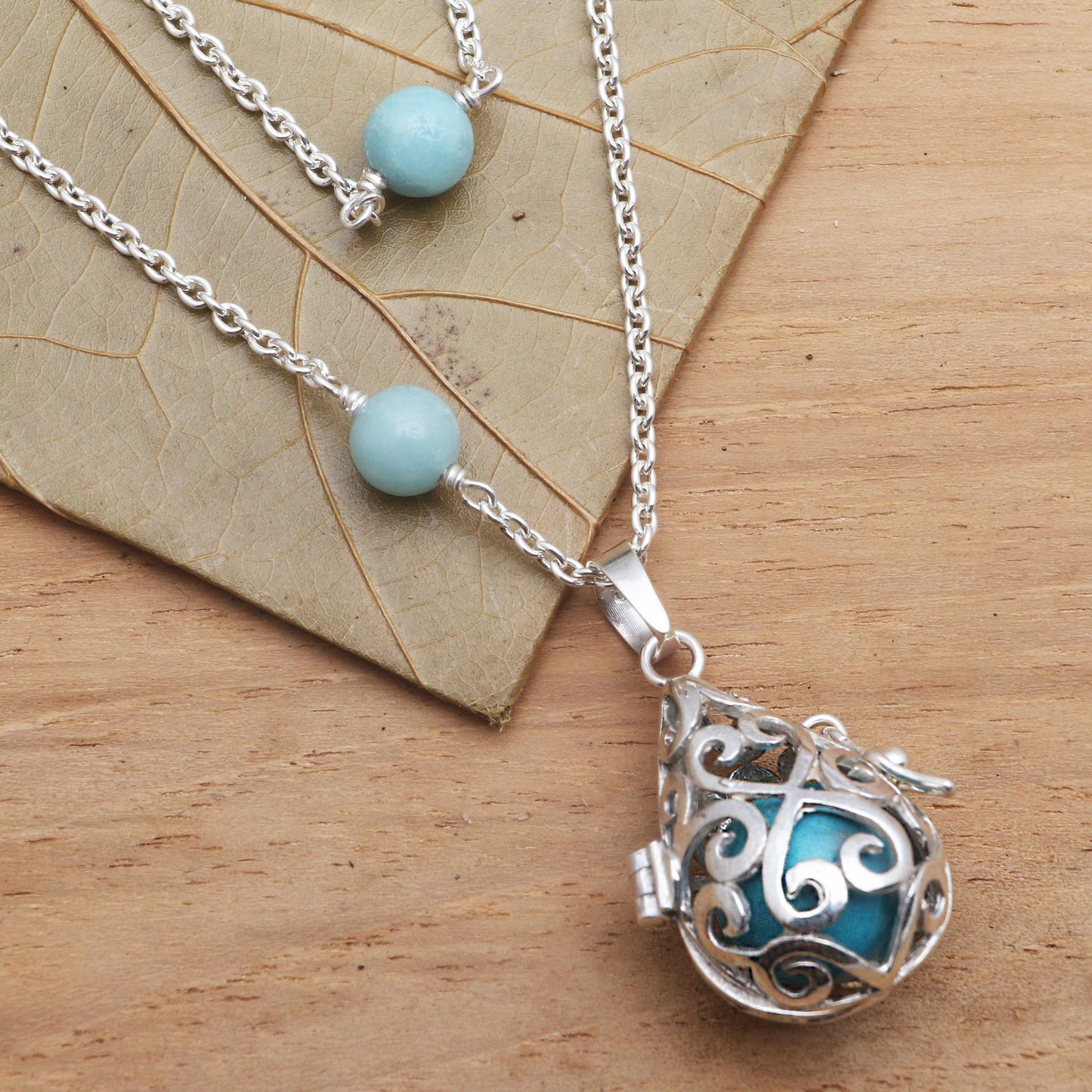 Blue Lace Angel Chime Silver Amazonite and Blue Enamel Harmony Ball Necklace