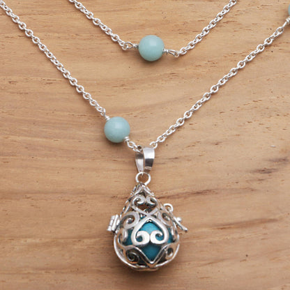 Blue Lace Angel Chime Silver Amazonite and Blue Enamel Harmony Ball Necklace