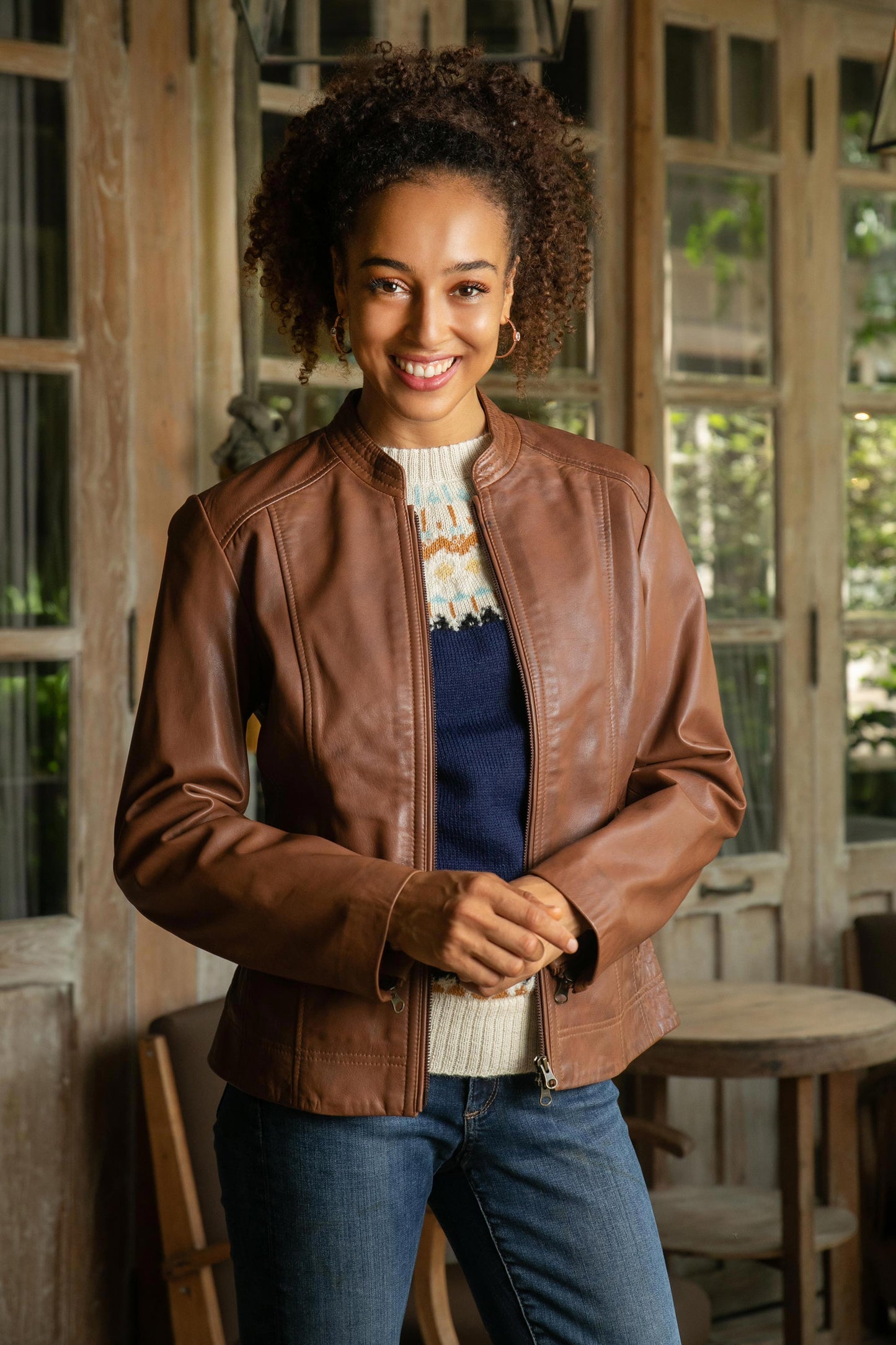 Stylish Elegance Moto Style Leather Jacket in Cinnamon