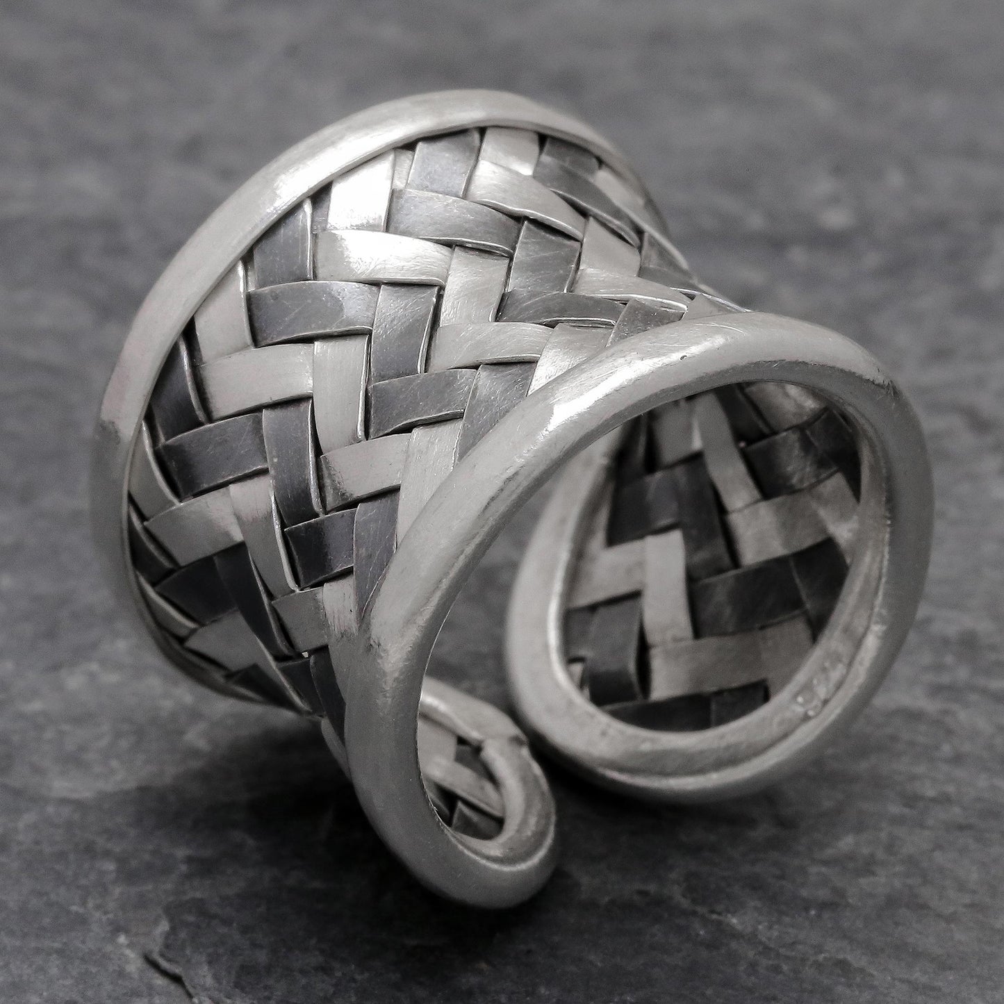 Dark Path Matte and Oxidized Woven Silver Band Ring