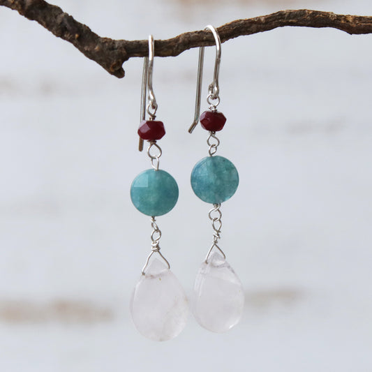 Springtime Colors Brazilian Rose Quartz-Jade- Apatite Dangle Earrings