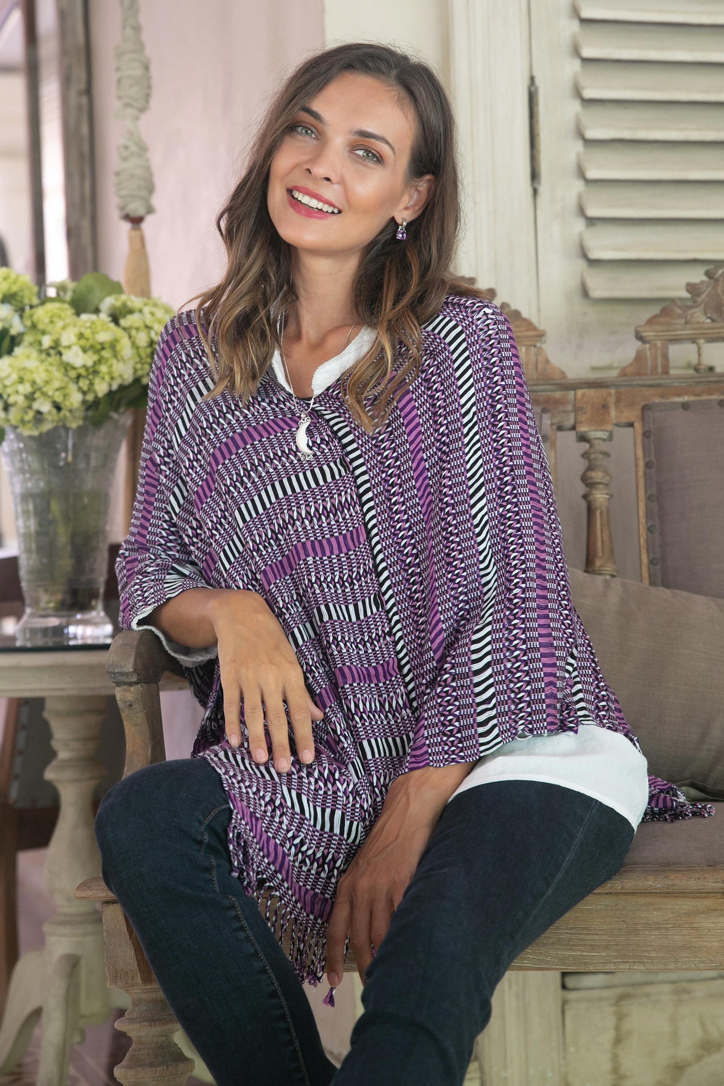 Amethyst Intrigue Guatemalan Handwoven Cotton Poncho in Pink and Purple