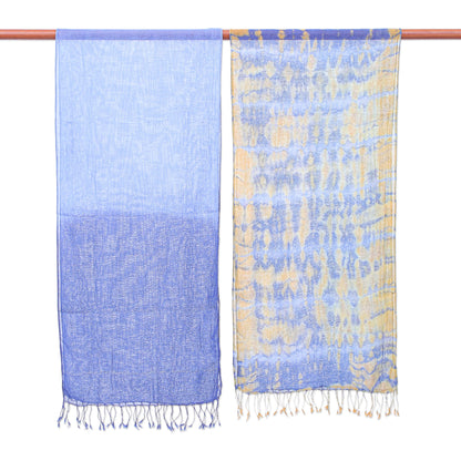 Wave of Love Pair of Cotton Tie-Dye Scarves in Blue and Yellow