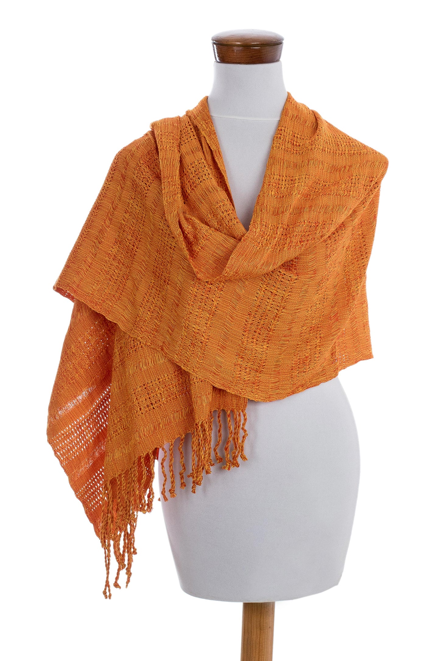 Textured Tangerine Guatemala Backstrap Handwoven Yellow-Orange Rayon Shawl