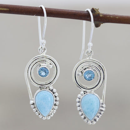 Wondrous Coil Dangle Earrings with Larimar and Blue Topaz