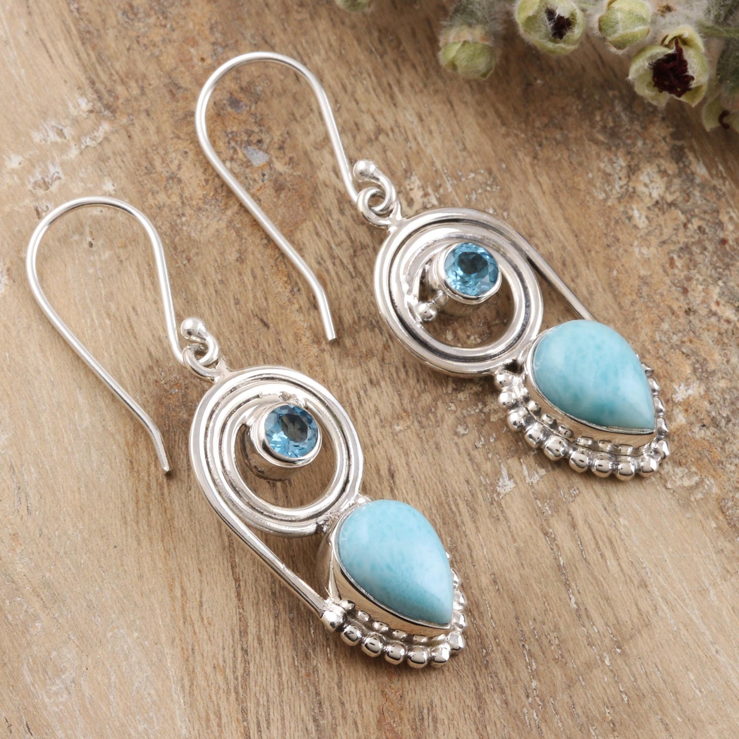 Wondrous Coil Dangle Earrings with Larimar and Blue Topaz