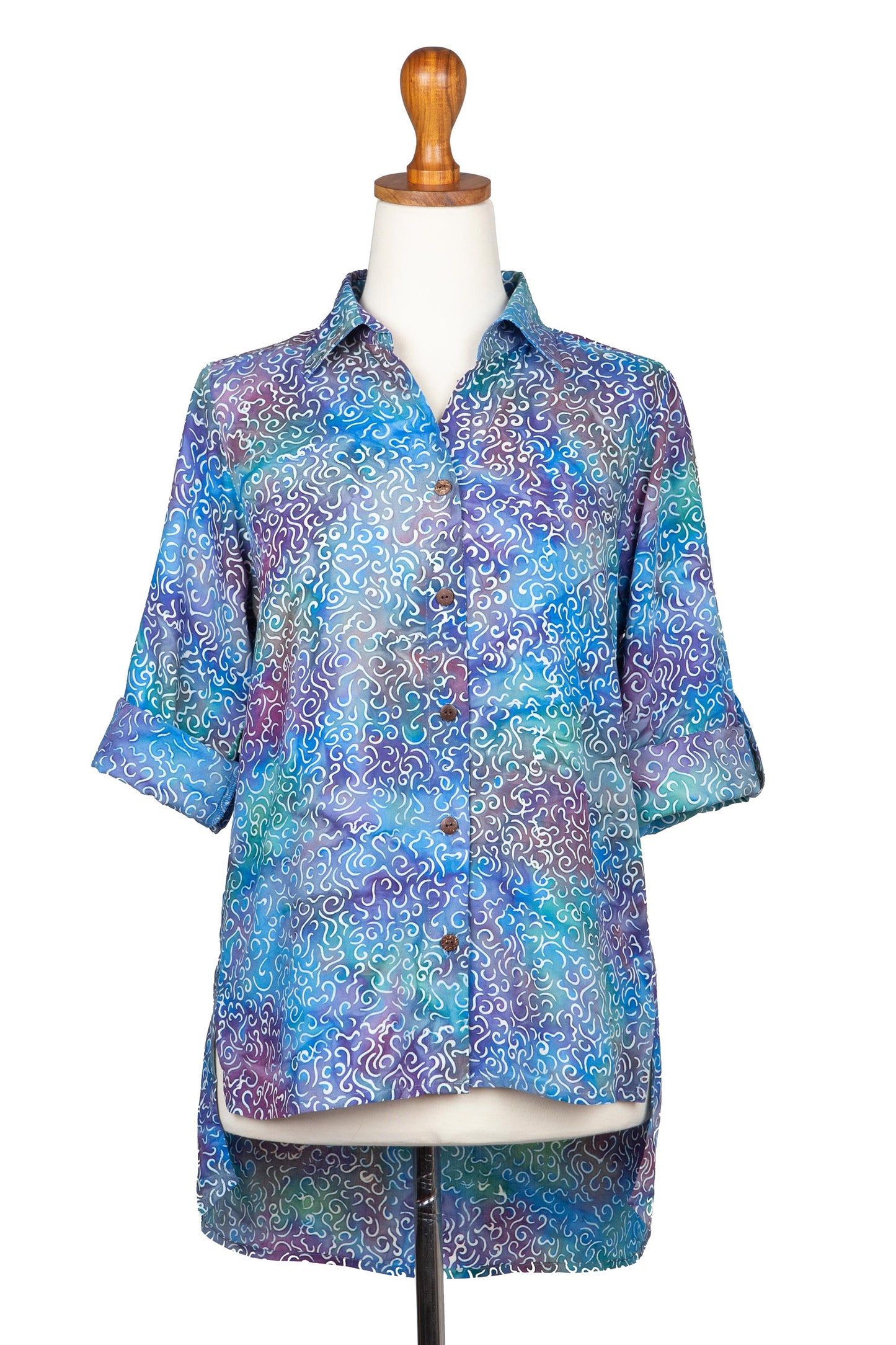 Pastel Seascape Roll-Tab Sleeve Button Front Batik Rayon Blouse