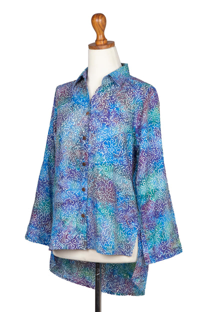 Pastel Seascape Roll-Tab Sleeve Button Front Batik Rayon Blouse