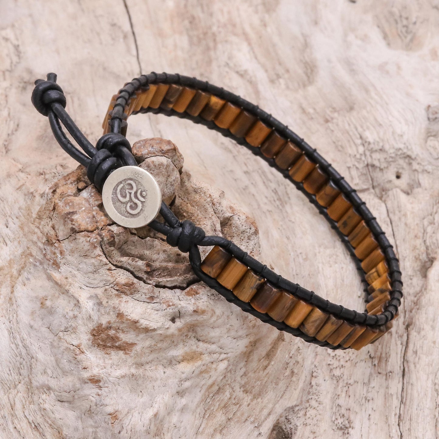 Channels Tiger's Eye Beaded Wristband Bracelet with Leather