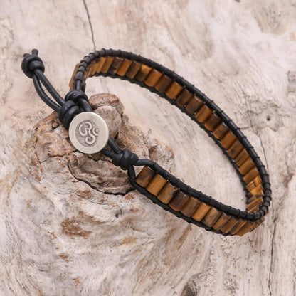 Channels Tiger's Eye Beaded Wristband Bracelet with Leather
