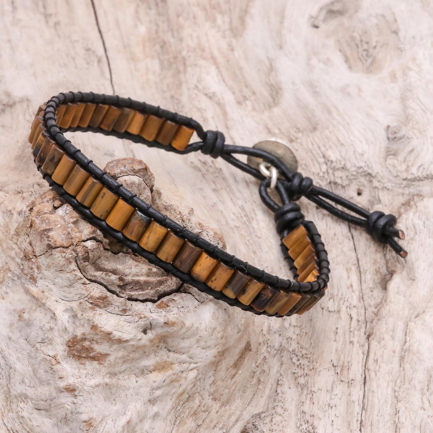 Channels Tiger's Eye Beaded Wristband Bracelet with Leather