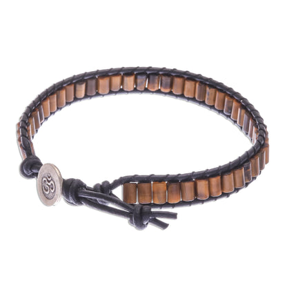Channels Tiger's Eye Beaded Wristband Bracelet with Leather