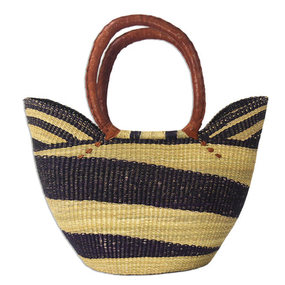 Bawku Blue-Violet Artisan Crafted Purple Striped Raffia Basket Tote Bag