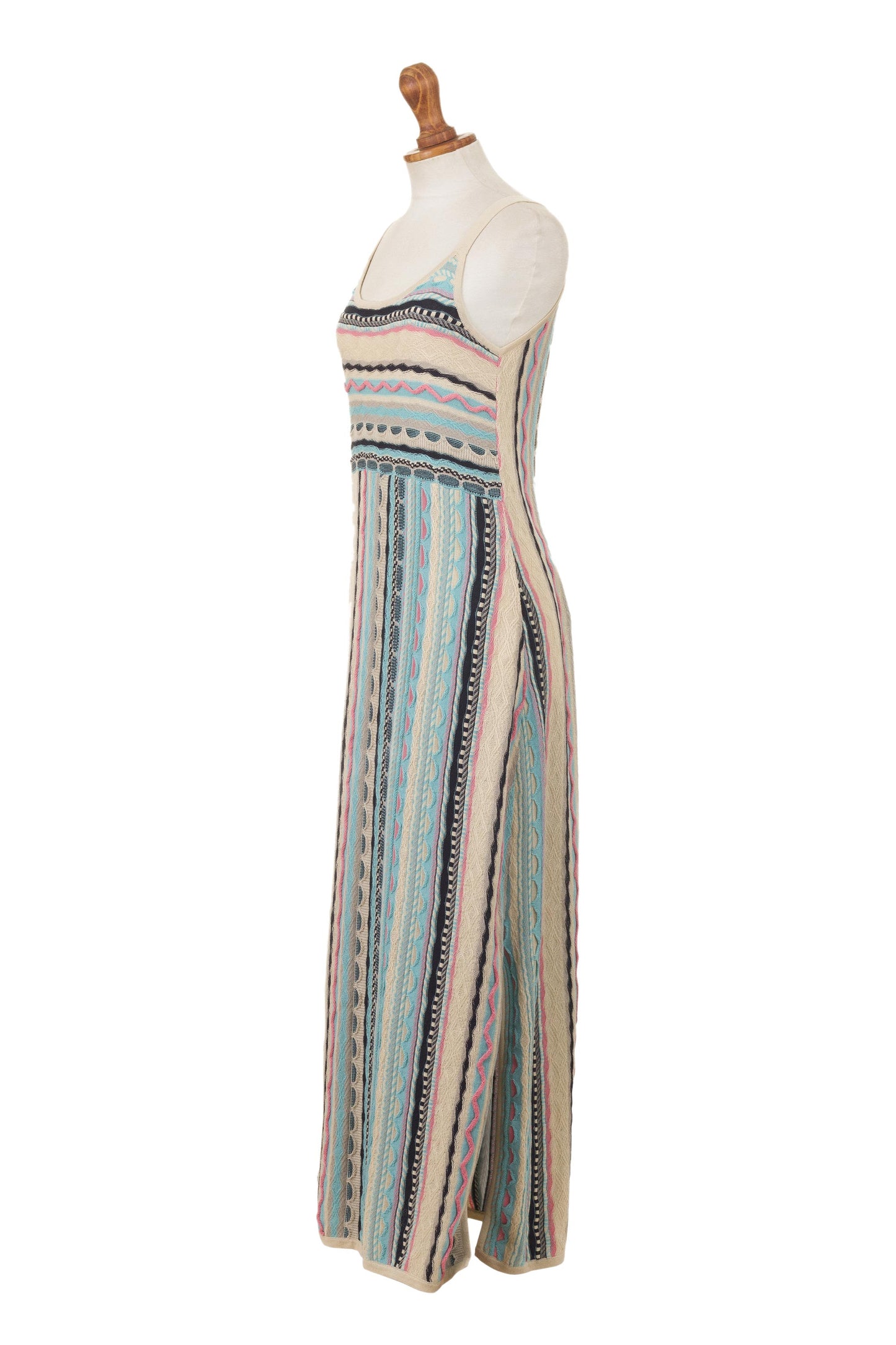 Bohemian Princess Cotton Knit Maxi Dress in Ivory and Pastel Stripes