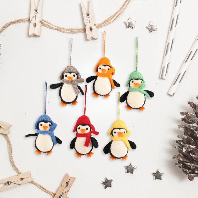 Cozy Penguins Handmade Felted Wool Penguin ornaments (Set of 6)