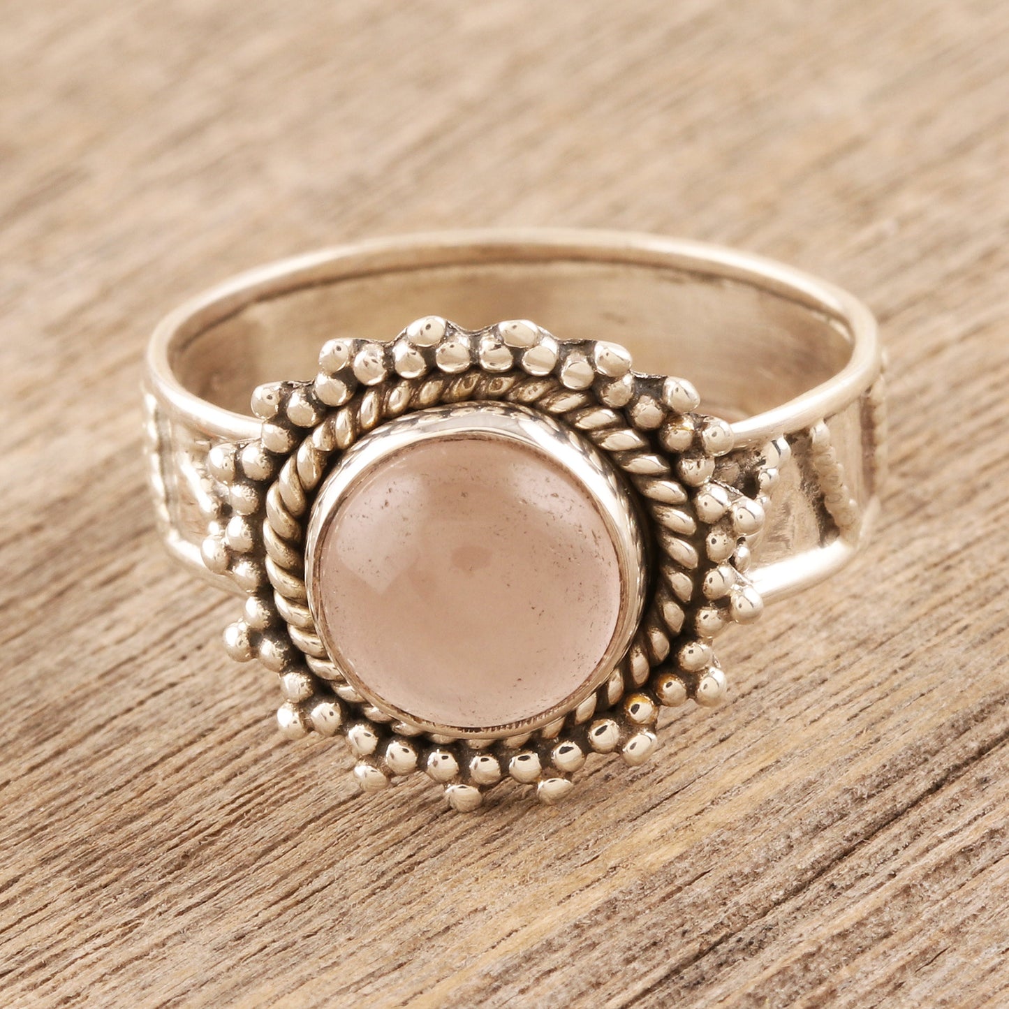 Inner Love Flower Motif Rose Quartz Oxidized Sterling Silver Ring