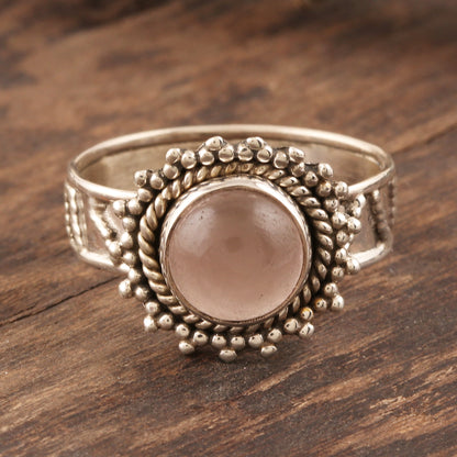 Inner Love Flower Motif Rose Quartz Oxidized Sterling Silver Ring