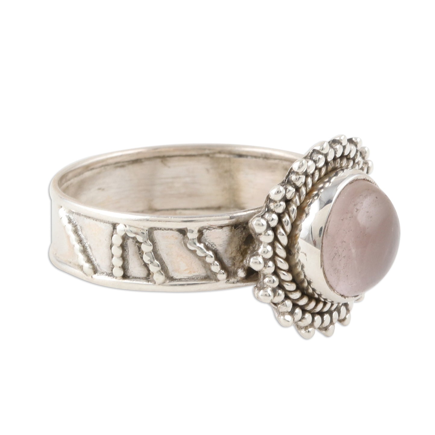 Inner Love Flower Motif Rose Quartz Oxidized Sterling Silver Ring