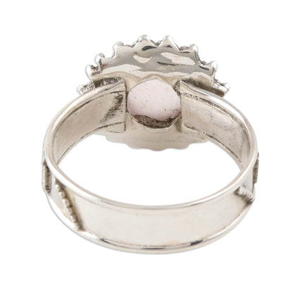 Inner Love Flower Motif Rose Quartz Oxidized Sterling Silver Ring