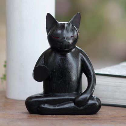 Black Cat Meditates Wood Statuette of Black Cat Meditating