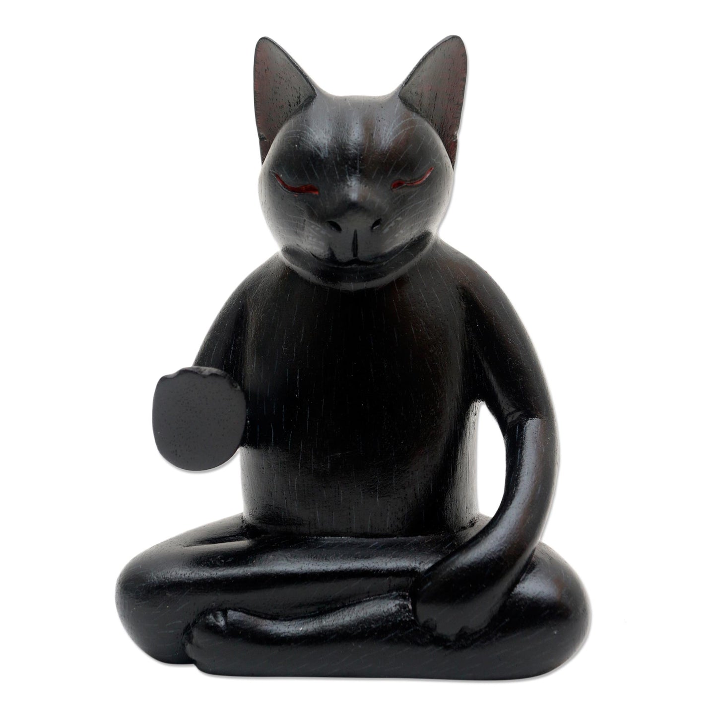 Black Cat Meditates Wood Statuette of Black Cat Meditating