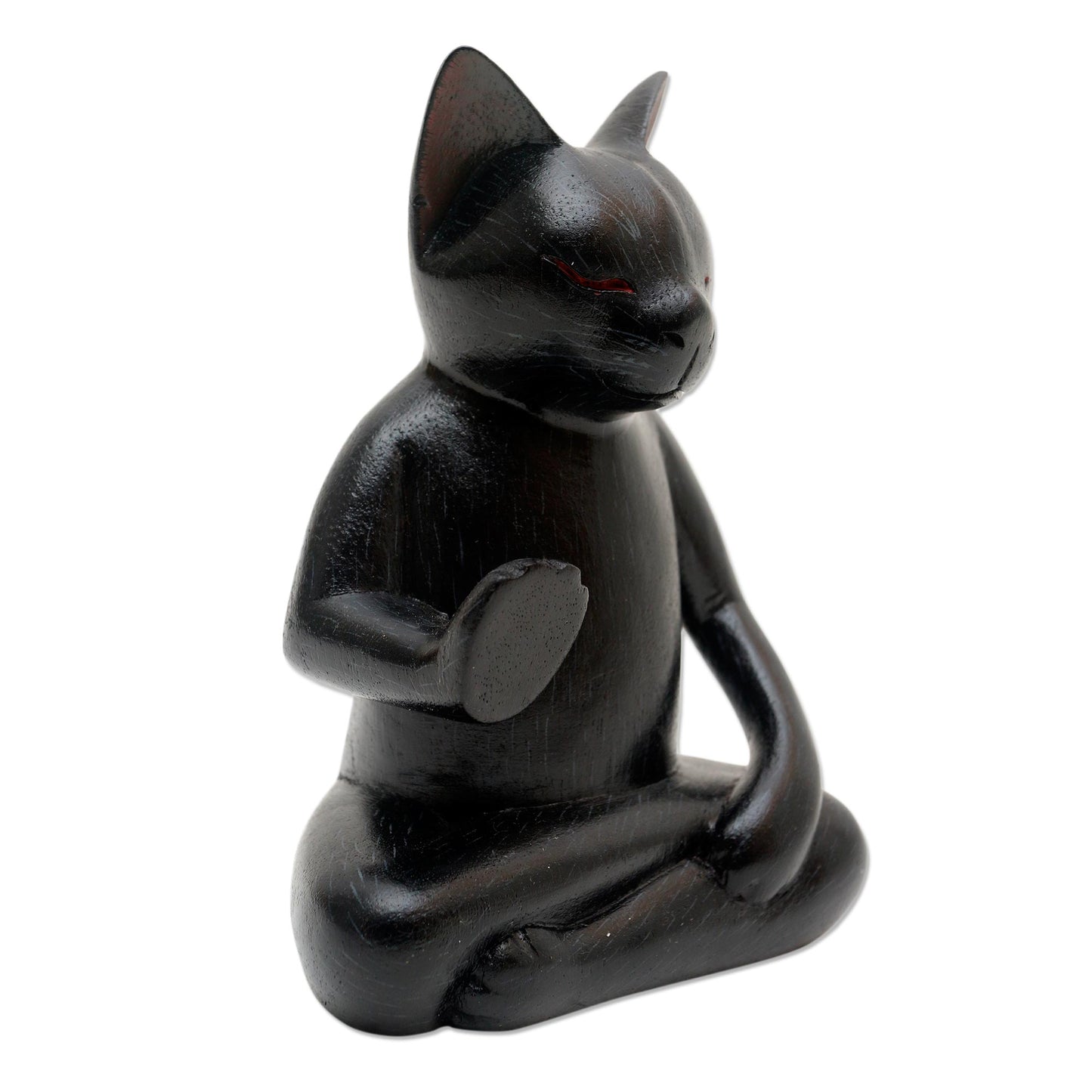 Black Cat Meditates Wood Statuette of Black Cat Meditating