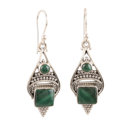 Green Ocean Malachite Cabochon and Sterling Silver Dangle Earrings