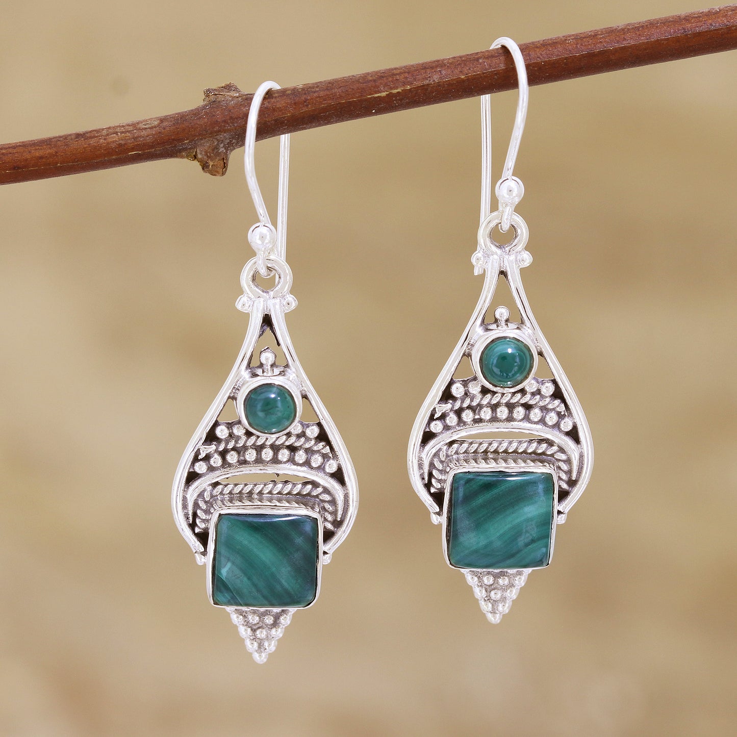 Green Ocean Malachite Cabochon and Sterling Silver Dangle Earrings