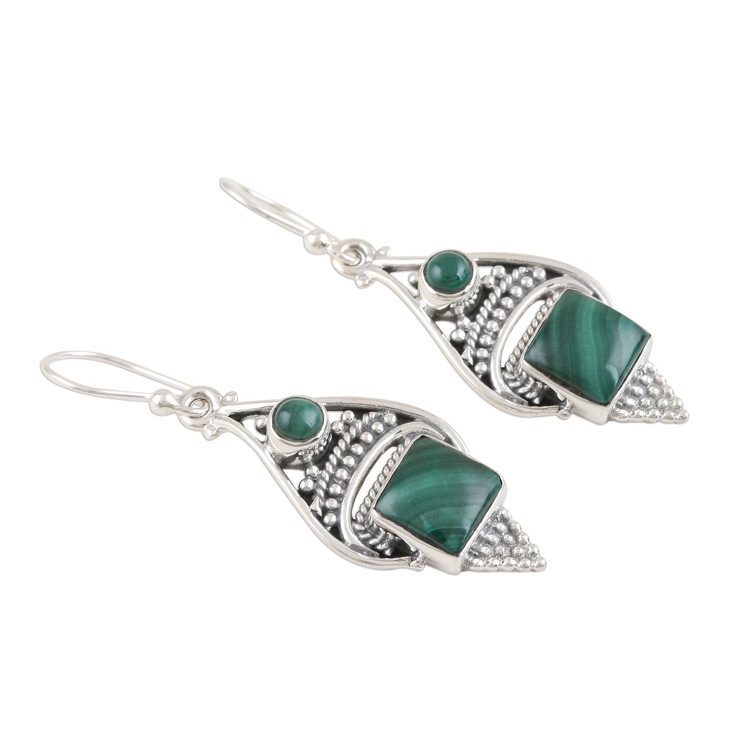 Green Ocean Malachite Cabochon and Sterling Silver Dangle Earrings