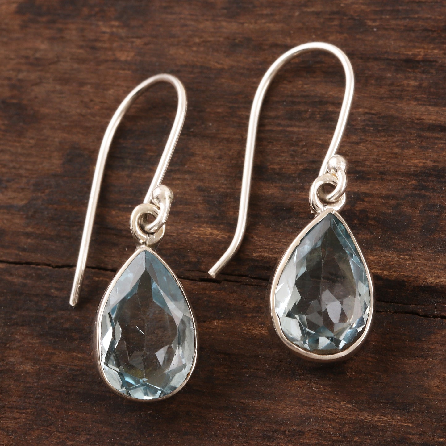 Blue Droplets Teardrop Faceted Blue Topaz Silver Dangle Earrings