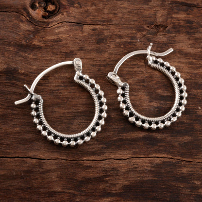 Brightly Shining Beaded Sterling Silver Hoops from India